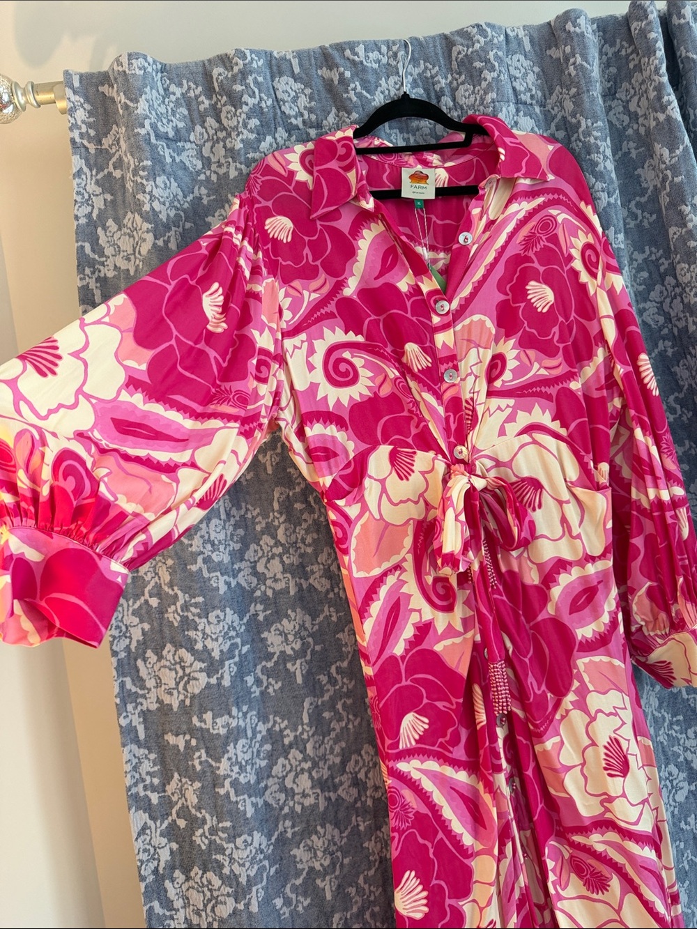 MWT FARM Rio Bright Pink Floral Tie-Front Midi Dress - Picture 4 of 5